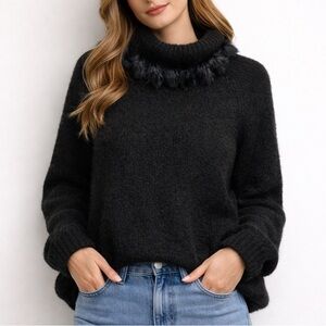 Jessica Sport Vintage Rabbit Fur Wool Knit Cowl Neck Sweater Top Black
